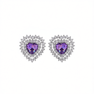 E1513 Orecchini a lobo con cuore viola, gemma viola e alone di diamanti per donna, gioielli regalo romantici - Product Image 1