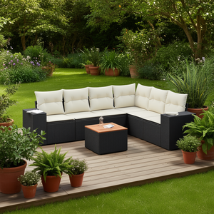 Conjunto de Sofá de Jardín Negro y Crema, Muebles de Ratán para Exteriores con Cojines de Espuma de Alta Densidad, Diseño Contemporáneo Impermeable - Product Image 2