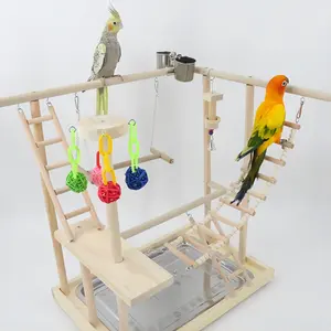Suporte de mesa para papagaio pequeno, madeira natural artesanal, porta-pássaros portátil para jogos de ginástica com copos alimentadores