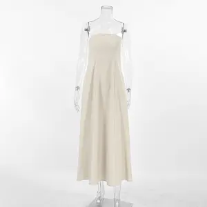 Gaun panjang wanita, Gaun pantai Linen tabung panjang kasual tanpa tali untuk musim panas