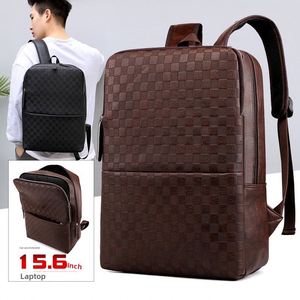Wholesale Fashion Men's PU Leather Laptop Backpack College Student Book <b>Bags</b> Large Waterproof Lattice Business Travel Backpack - Product Image 5