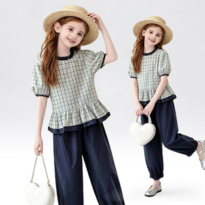 Conjunto de Ropa Casual para Niñas, Dulce, de 2 Piezas, Top con Mangas Abullonadas y Pantalones con Puños Elásticos - Product Image 1