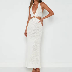 Verano nuevo ganchillo cuello en V Sexy cinturón sin cintura hendidura tejido playa falda Maxi mujeres suéter vestido - Product Image 1