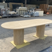 Meubles de table à manger ovales en travertin pour la décoration intérieure table en pierre naturelle meubles beiges modernes à deux bases cylindriques