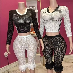 Conjunto de Roupas Femininas Peeqi Designer, Top Cropped Estampado e Calças de Renda, Conjunto <span class=keywords><strong>Casual</strong></span> Y2K para Mulheres - Product Image 1