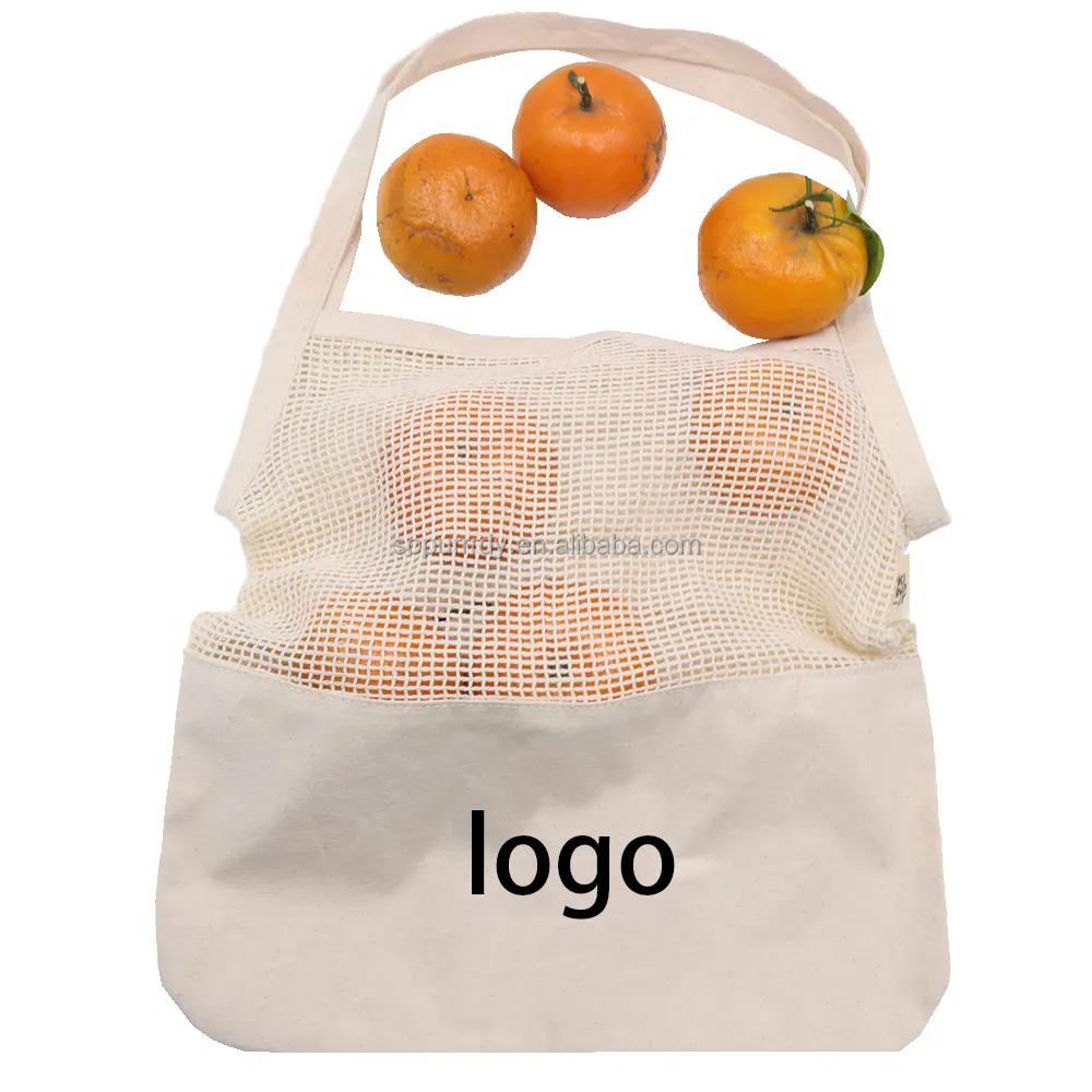 Eco friendly reusable market custom logo paper band package printing cotton mesh woven hand tote shopping grocery produce bags