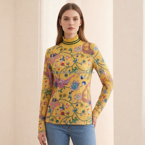 T-shirt à manches longues pour femmes, col montant personnalisé, motif floral - Product Image 1