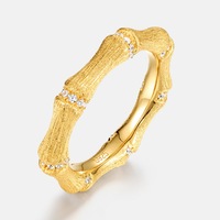 Bague en Argent Sterling 925 Plaqué Or 10K, Brossée à la Main, Motif Bambou, Sertie de Zircons Cubiques, Anti-ternissement, Revêtement Électrolytique, Vente en Gros, Bijoux Fins