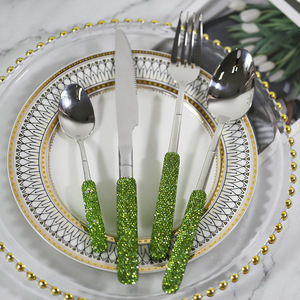 Ensemble de couverts en acier inoxydable avec manches en strass vert, vaisselle de luxe, couteau, fourchette, cuillère pour la table à manger à la maison - Product Image 2