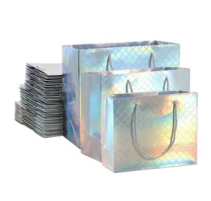 Folding Custom Logo Laser Glitter Paper Packaging Bag Gift Paper Bag with Cotton String Handle