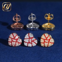 Pendientes de tuerca de moissanita con diseño de corazón roto, plata S925, esmalte rojo craquelado, totalmente pavimentados, corte brillante, diamante VVS, estilo Hip Hop, certificado GRA