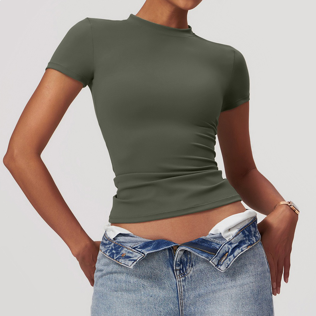 Spring Spandex/Nylon Quick-Dry Solid 140g Yoga Wear Tight-Fitting Short Sleeve Fitness Top Cover-Up Outdoor Running Sports Women