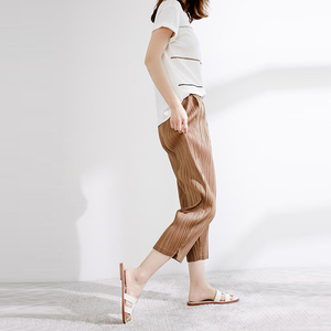 Color sólido elástico cintura alta Chiffon plisado pantalones <span class=keywords><strong>amazon</strong></span> mujeres sueltas nueve Pantalones - Product Image 4