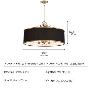 Lustre moderne de luxe pour salle à manger d'hôtel, en laiton, avec abat-jour en tissu noir, finition en cristal, lustre LED Caprio - Product Image 4