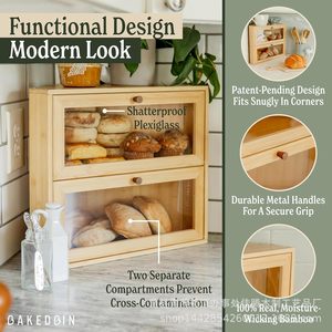 Boîte de rangement pour pain en bambou, double tiroir, conteneur alimentaire d'angle de cuisine, couleur bois naturel, bois massif - Product Image 4