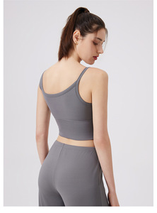 En gros, Haut de yoga court asymétrique pour femme, à col en U, avec une seule bretelle fine et coussinets amovibles - Product Image 2