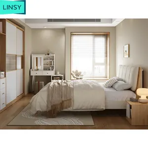 Linsy wooden frame bed set furniture with wardrobe bedroom furniture modern mdf full bedroom sets