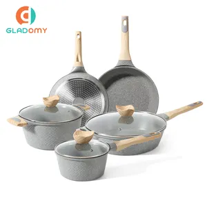 IE cast-Juego de ollas y sartenes antiadherentes, set de utensilios de cocina con diseño de superficie de aluminio y granito, 8 unidades
