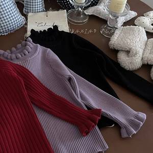 Children's Girl Warm Wool Sweater Solid Color Thickened Knitted Top With Ruffled Edges Lace Collar Full Sleeve - Product Image 3