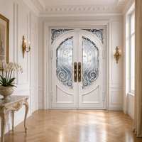 DMJ-TS004 Porte double en fer forgé blanc français à motif de vigne cintrée, avec verre ondulé, pour entrée de villa, personnalisable