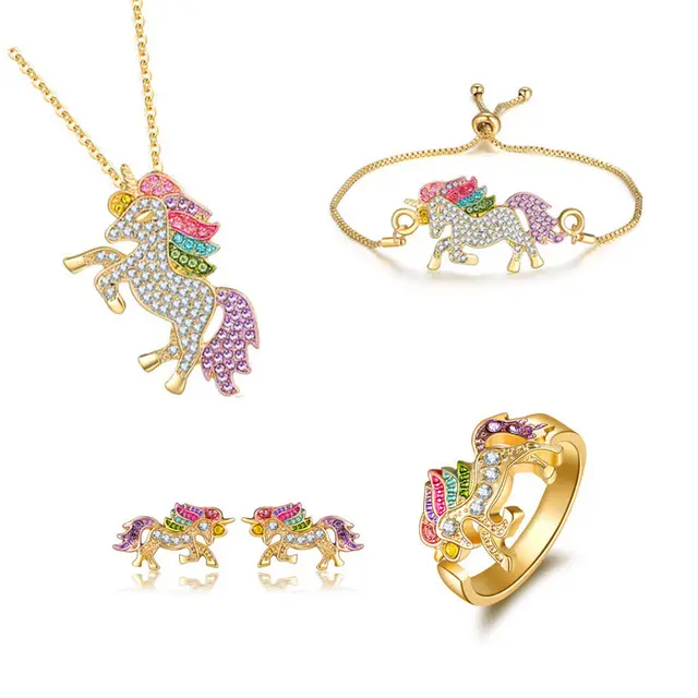 Conjunto de zircônia incrustado de unicórnio, simples, colorido, colar, pulseira, brincos, conjunto de anéis para mulheres, meninas, ouro, ajustável, jóias (kj076)