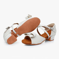 Zapatos de Baile Latino para Niñas, Blancos, de PU, con Lazo, Tiras Cruzadas, Punta Abierta, Tacón Bajo, para Salón de Baile, Salsa, Tango, con Suela de Gamuza