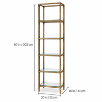 Tour de rangement haute de 80 po, étroit, autoportant, à 5 niveaux, avec étagères en verre, en métal laiton antique, pour salle de bain