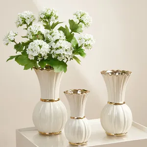 Vaso de cerâmica branco rosa retrô francês para sala de estar flores artificiais