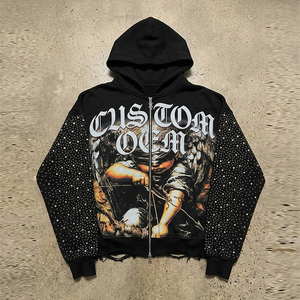 เสื้อฮู้ดดี้ผู้ชายทรงบ็อกซี่แบบซิป  ผ้าหนา 400 GSM  สไตล์สตรีทแวร์  พิมพ์ลายตามสั่ง OEM  ตกแต่งด้วยคริสตัล  ล้างสีแบบแอซิดวอช  ดีไซน์ขาดๆ  ขนาดโอเวอร์ไซส์ - Product Image 2