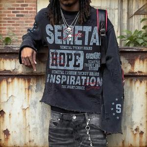 Camiseta Personalizada con Cuello Redondo y Corte Cuadrado, 100% Algodón, Lavado Ácido, Camisetas de Diseño, Camisetas Térmicas de Manga Larga para Hombre - Product Image 4