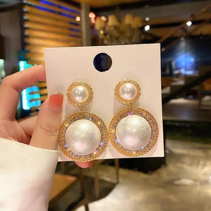 High Quality Rhinestone Round gold color Earrings Luxury Big Pearl Jewelry Earring For Women