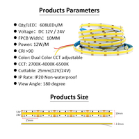 Bande LED COB CCT Epistar 5M 12V DC 608 LED 10MM PCB Haute Densité Flexible Ra90 Ruban Linéaire IP20 Dimmable Double Blanc