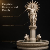 Fontaine en marbre grec en gros, statue de soleil en laurier avec halo de rayons, élément aquatique sculpté à la main avec poisson pour manoir, parc, hôtel