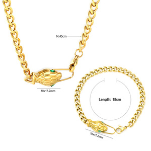 Conjunto de Collar y Pulsera con Cabeza de Serpiente, 45cm y 18cm, Chapado en Oro con Circonio Verde, para Fiestas, Joyería de Moda - Product Image 1