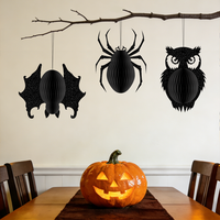 Lot de 3 décorations suspendues en nid d'abeille pour Halloween : hibou, araignée, chauve-souris – Fournitures de fête pour maison hantée, écologiques