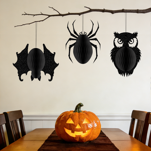 Set de 3 Adornos Colgantes de Panal de Abeja para Halloween, con Diseño de Búho, Araña y Murciélago, Decoración de Papel para Fiestas, Suministros para Casa Embrujada - Product Image 1