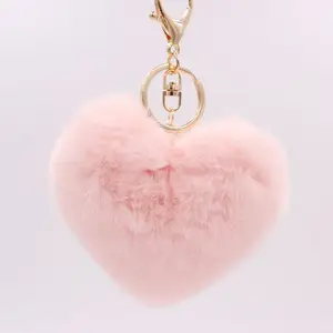 Lilangda Cute Fluffy Pom Pom ball Keychain Faux Rabbit Fur Pom Keychain Heart Shape Pendant Pink Keyring Holder Charm Bag Gifts