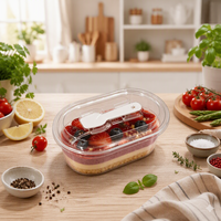 LFGB goedgekeurde wegwerp ovale transparante PET blisterverpakking met vaste lepeldop, voor één portie, food grade, model GY-150, merk Shuangqile, voor fruitcrème