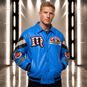 Blouson Bomber Varsity Bleu pour Homme, Direct Usine, en Cuir PU, Style Streetwear, Brodé, Patchwork, Clouté, Unisexe, Type Letterman - Product Image 1