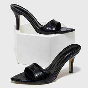 Women's Sexy Stiletto Heeled <b>Sandals</b> - Stone Texture, Pointed-Toe Ankle Strap Stylish Black Heeled Pumps - Product Image 3