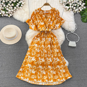 Ym919 Đầm xếp li eo thon thắt lưng ngắn tay in họa tiết nhuộm Cà Vạt 2025 sang trọng Hàn Quốc Đầm nữ - Product Image 3