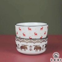Ensemble de 4 bols en céramique motif cerf roux et élan doré avec support en métal noir, motif Fair Isle, plat de service décoratif pour la maison ou comme cadeau