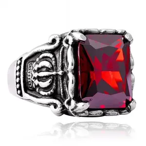 Casting punk style stainless steel crown ruby gemstone ring jewelry men
