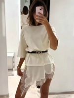 Robes T-shirt pour femmes à col rond, manches courtes, ourlet asymétrique et bordure en dentelle, style printemps polyvalent, vente en gros d'usine