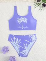 Nouvel ensemble de maillot de bain deux pièces réversible à séchage rapide et écologique pour filles et enfants 2026, avec haut de bikini dos nu et débardeur superposé à volants motif palmier