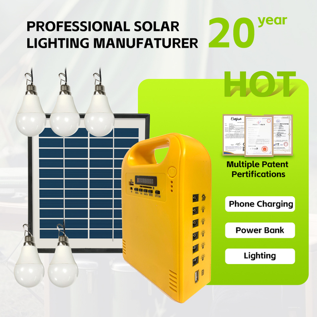 Portable Solar Lighting Kit with 5 Bulbs, Radio,mp3, 6AH6.4V LifePO4 Battery Mini Home Bulbs System 5W9V Solar Panel