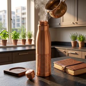 Bouteille isotherme en cuivre avec couvercle, design minimaliste, vaisselle de voyage portable - Product Image 3