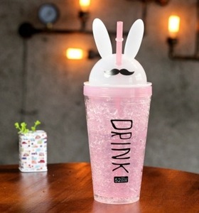 Nieuwe Dubbele Muur Herbruikbare Plastic Ijs Drinkbekers Fles Zomer 450Ml Cool Schattige Konijnenrietje Beker Waterfles - Product Image 2
