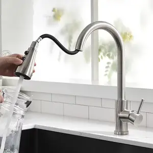 Alta Qualidade 304 Aço Inoxidável Escovado Níquel Cozinha Torneira Single Handle Pull-Down Sink Mixer Torneiras De Água Quente E Fria