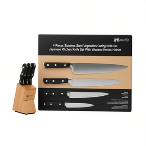 Ensemble de 4 couteaux à légumes en acier inoxydable, ensemble de couteaux de cuisine japonais avec support en bois - Product Image 1